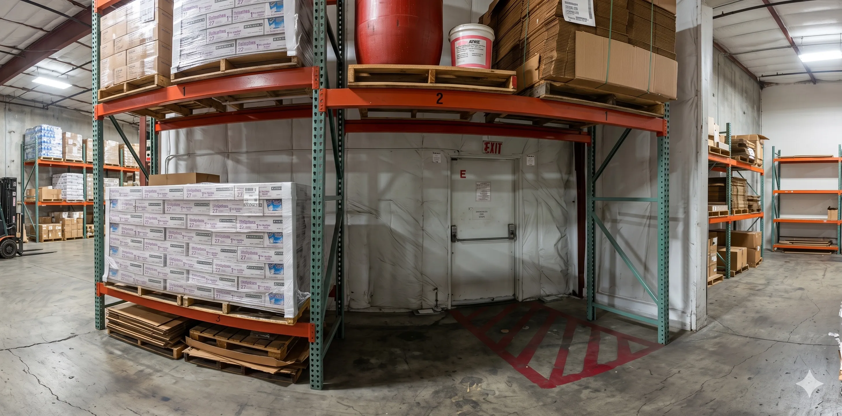 Emergency exit door and panic hardware evaluated for unobstructed egress.