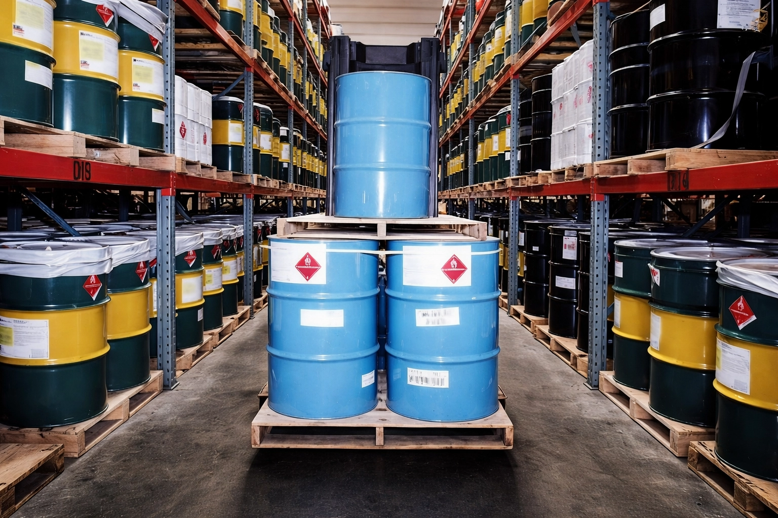Chemical drum aisle documented during a fire-code risk identification walk.