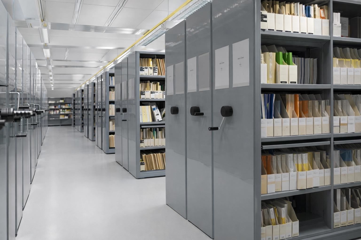 File storage corridor after aisle-width and sprinkler-clearance corrections reached compliance.