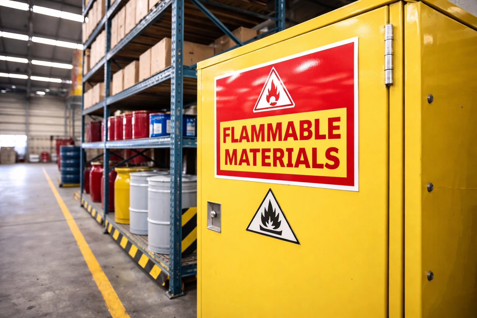 Code-compliant flammable storage cabinet installed after correction.