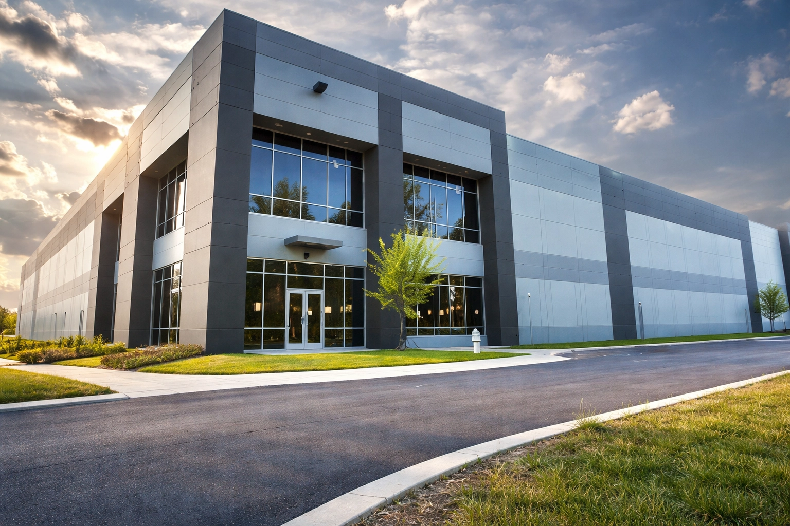 Commercial property at dusk — the type of facility First In walks weekly.